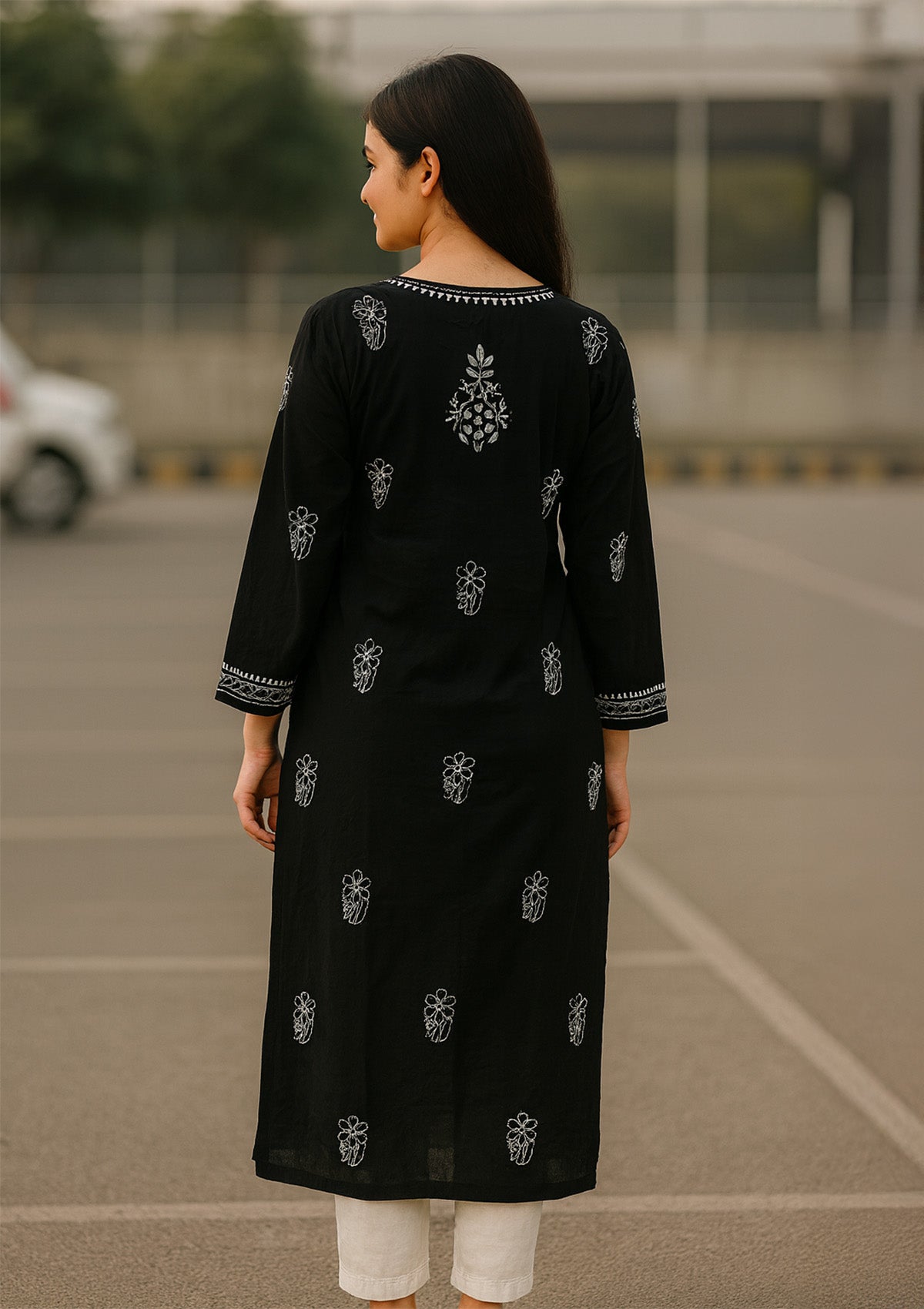 Chikankari Solid Women’s Long Kurta – Black