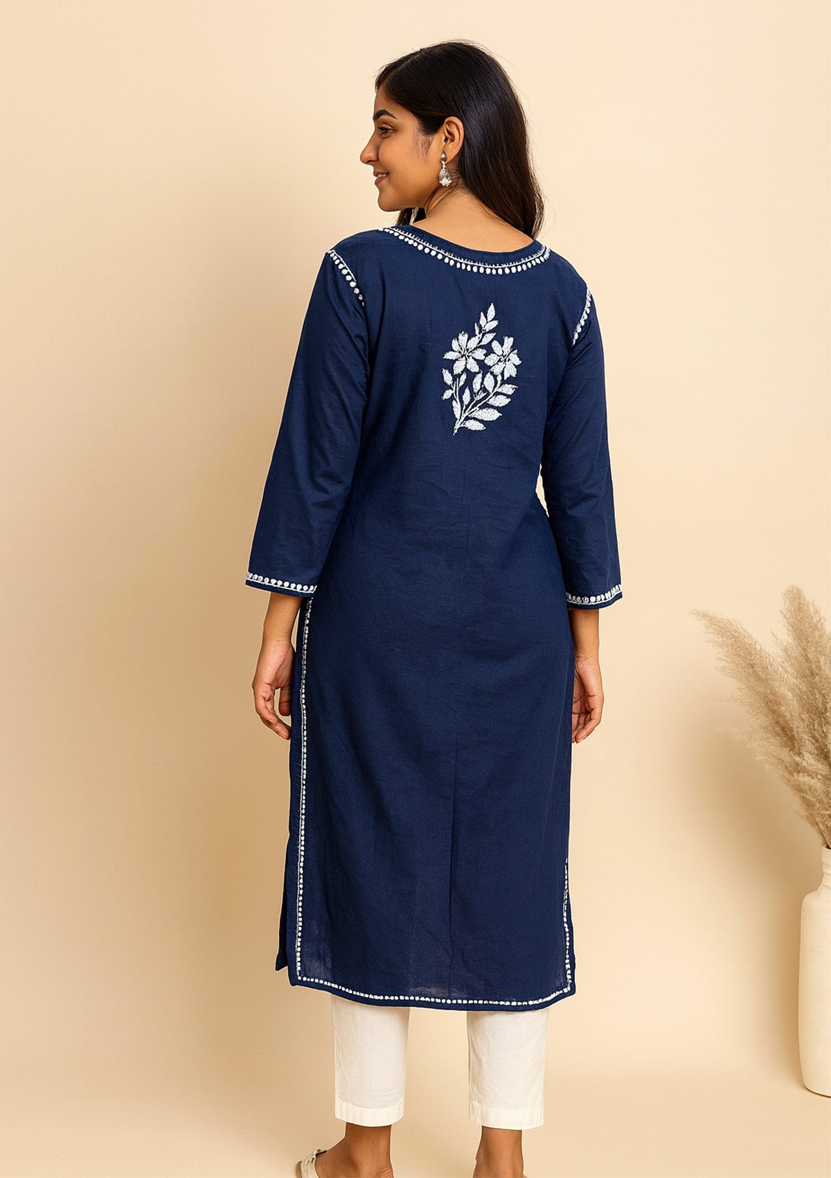 Chikankari Cotton Women’s Kurta – Navy Blue