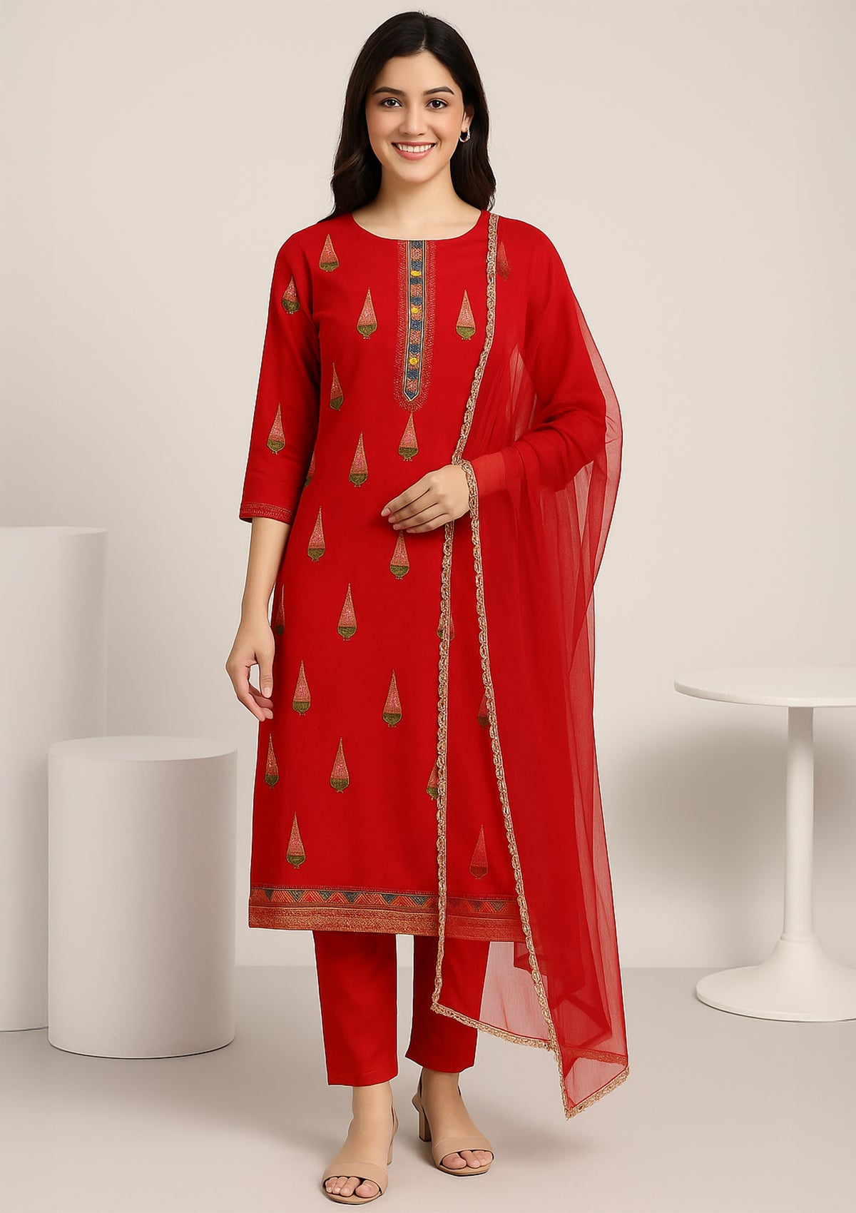 Red Jam Cotton Unstitched Suit with Chiffon Dupatta and Embroidered Detailing