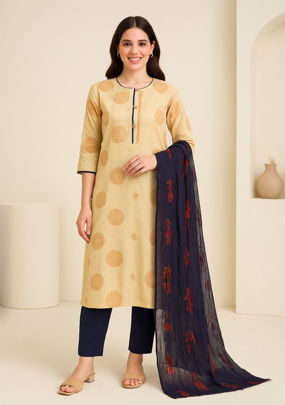 Silk Top with Embroidered Design, Silk Dupatta & Cotton Bottom