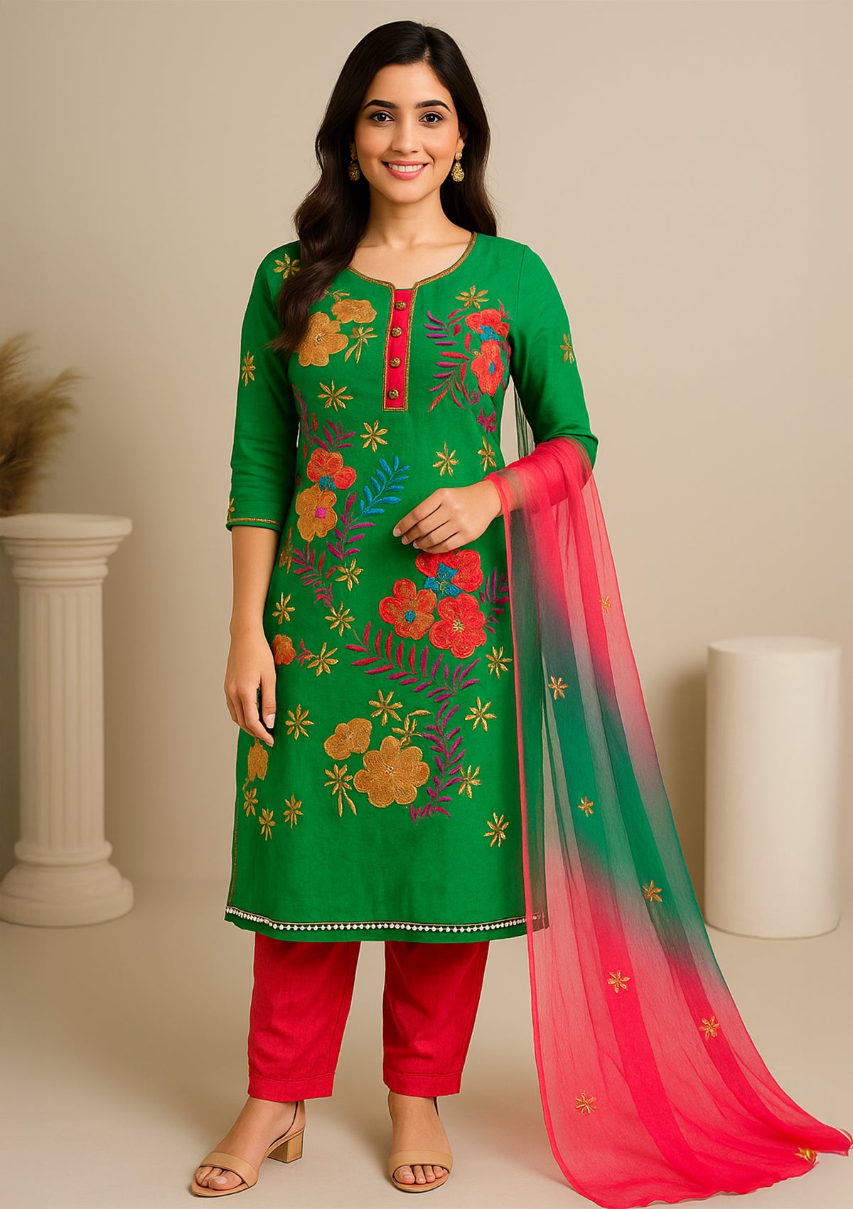 Green Floral Embroidered Cotton Unstitched Suit Set with Pink Solid Bottom