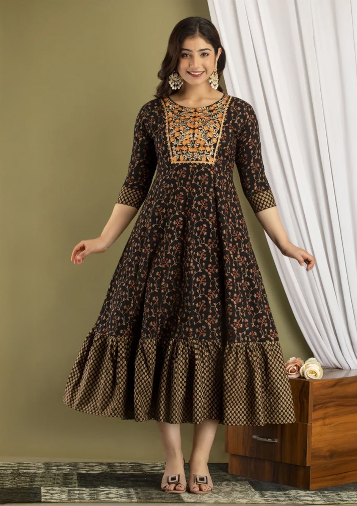 Black & Mustard Printed Cotton Floor Length Gown with Embroidered Yoke