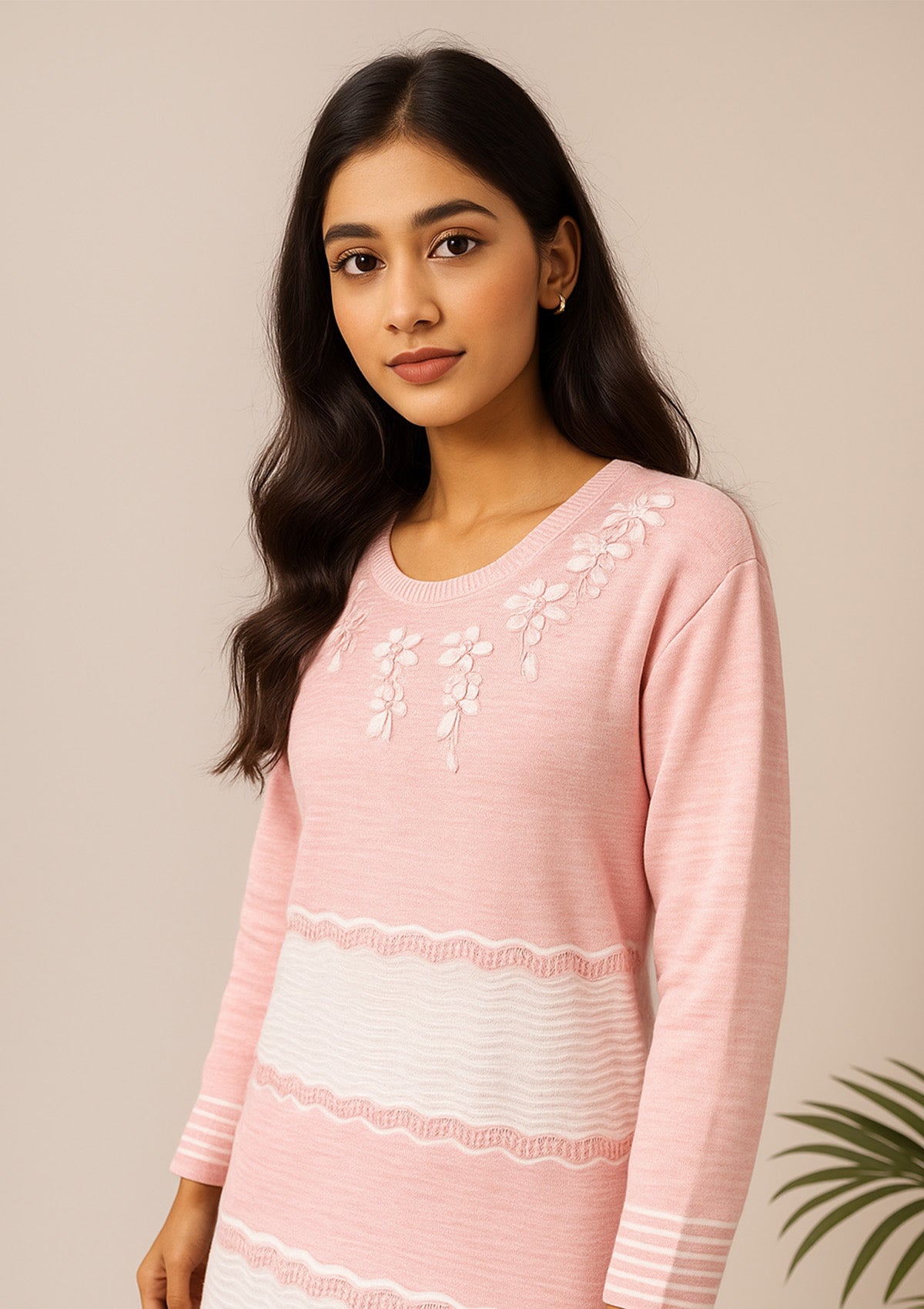 Pink & White Winter Knit Soft Kurti – Floral Appliqué Yoke