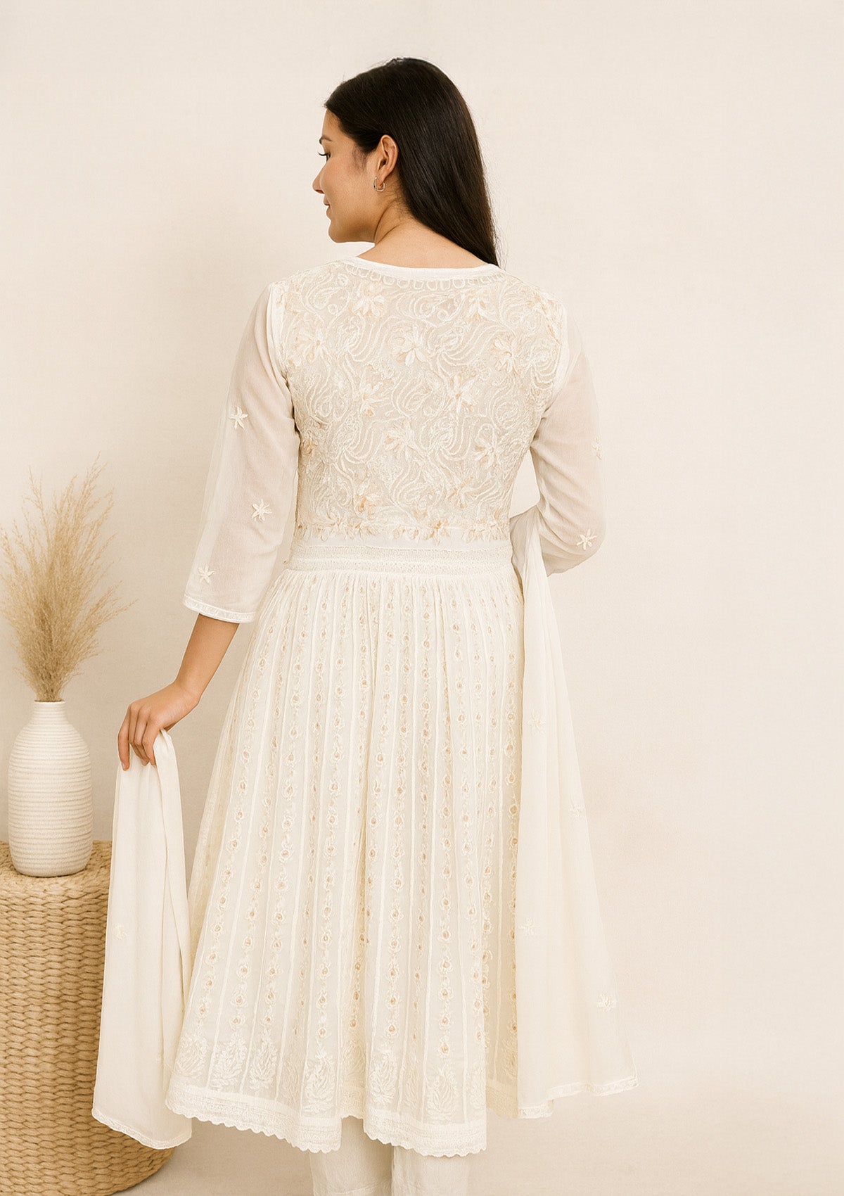 White Georgette Anarkali Kurti with Dupatta –  Gota Patti Embroidery