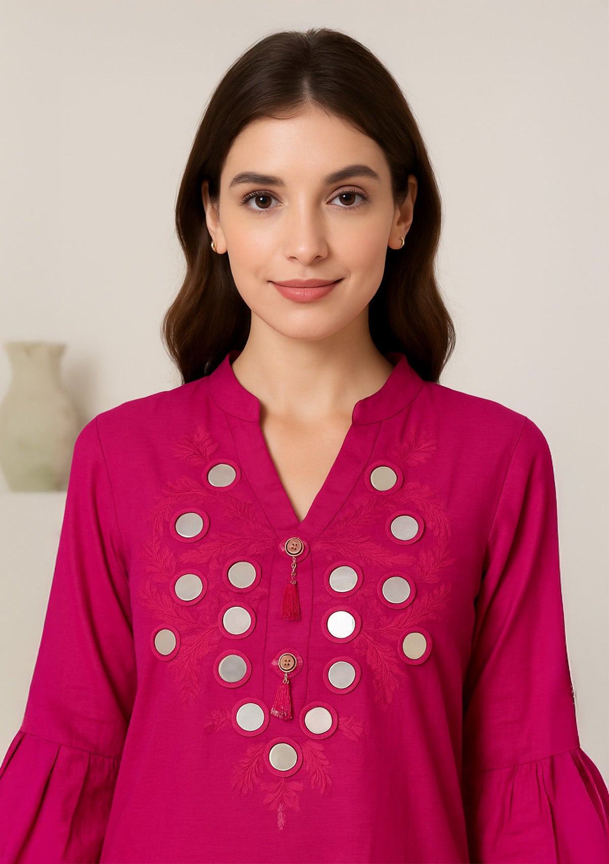 Bright Fuchsia Pink Kurti Set with Matching Pants - Mirror Work