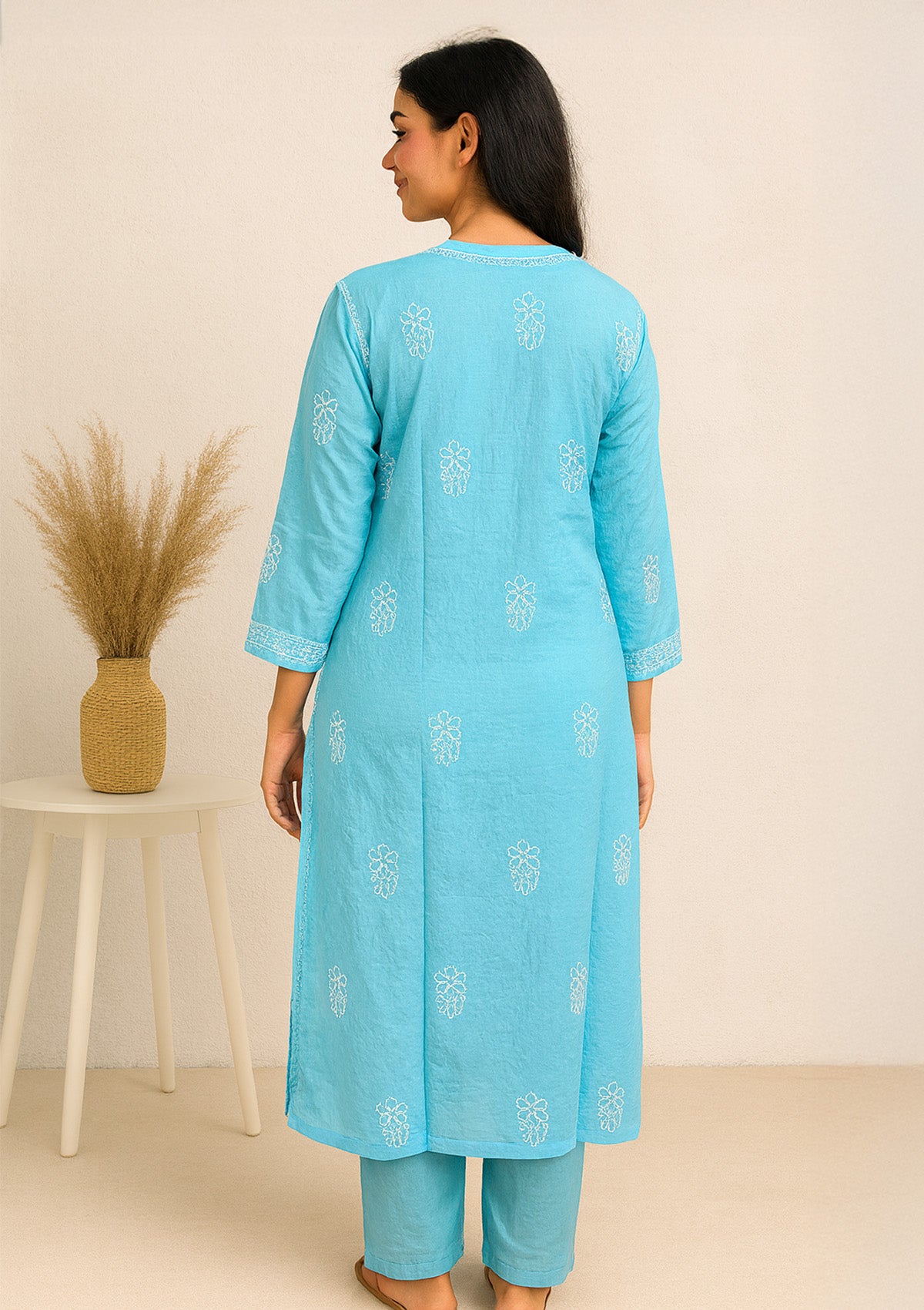 Chikankari Embroidered Cotton Kurti – Sky Blue