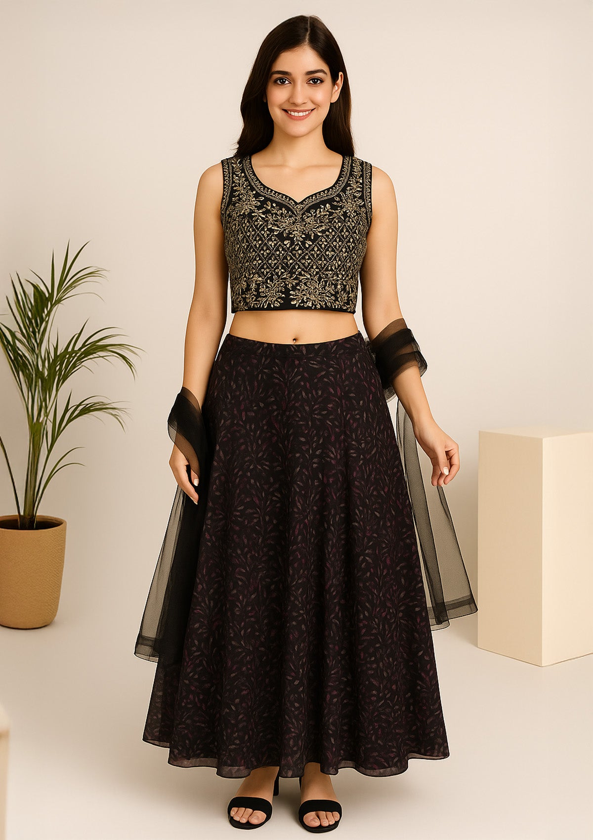 Black Silk & Net Lehenga Choli with Golden Embroidery Blouse