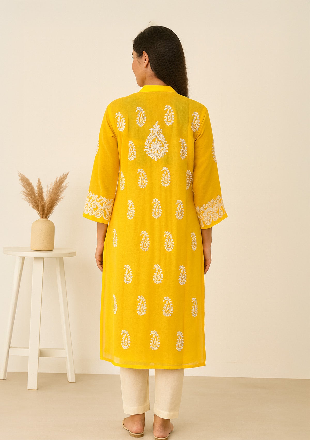 Chikankari Georgette Women’s Kurta – Yellow (Lucknowi Embroidery)