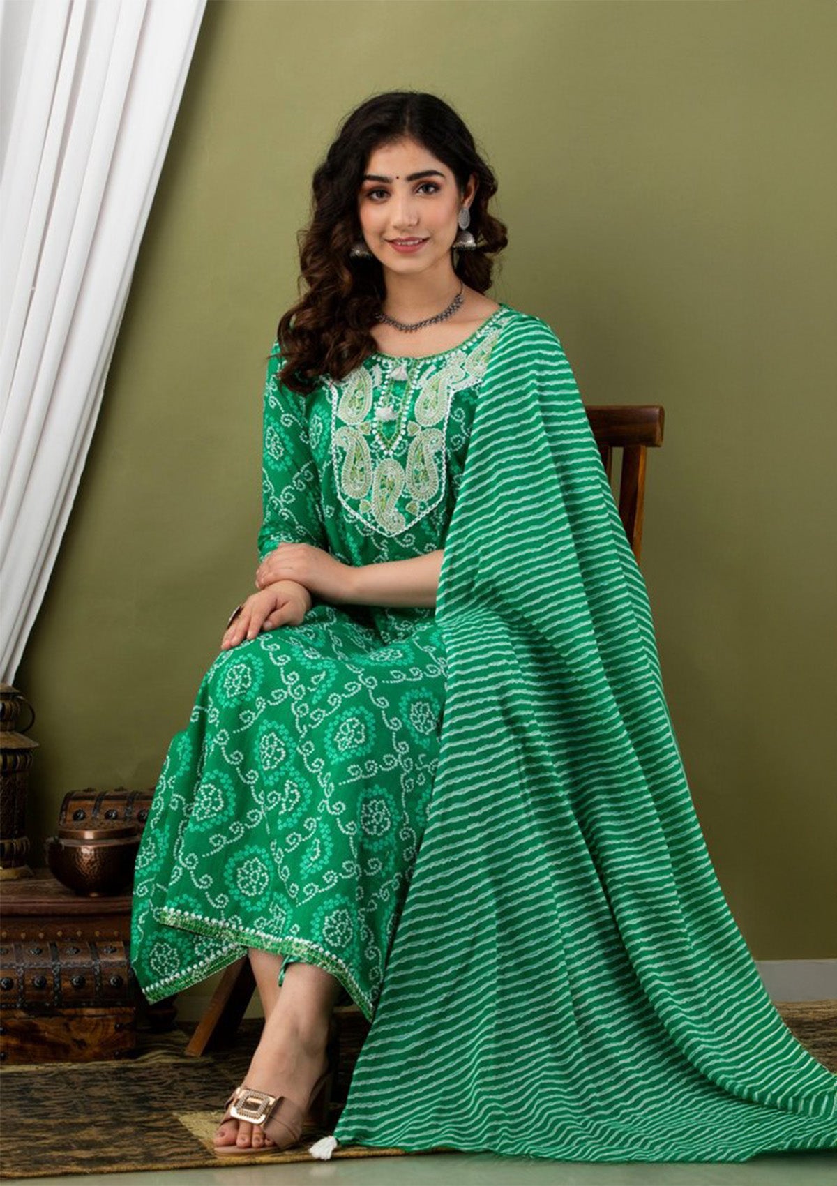 Green Cotton Stitched Suit Set with Intricate Embroidered Neckline