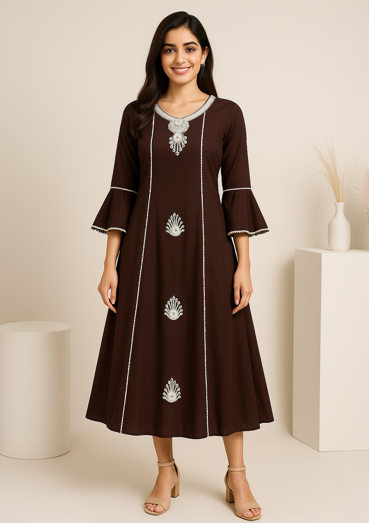 Chocolate Brown Georgette One Piece Gown – Pearl Embellished