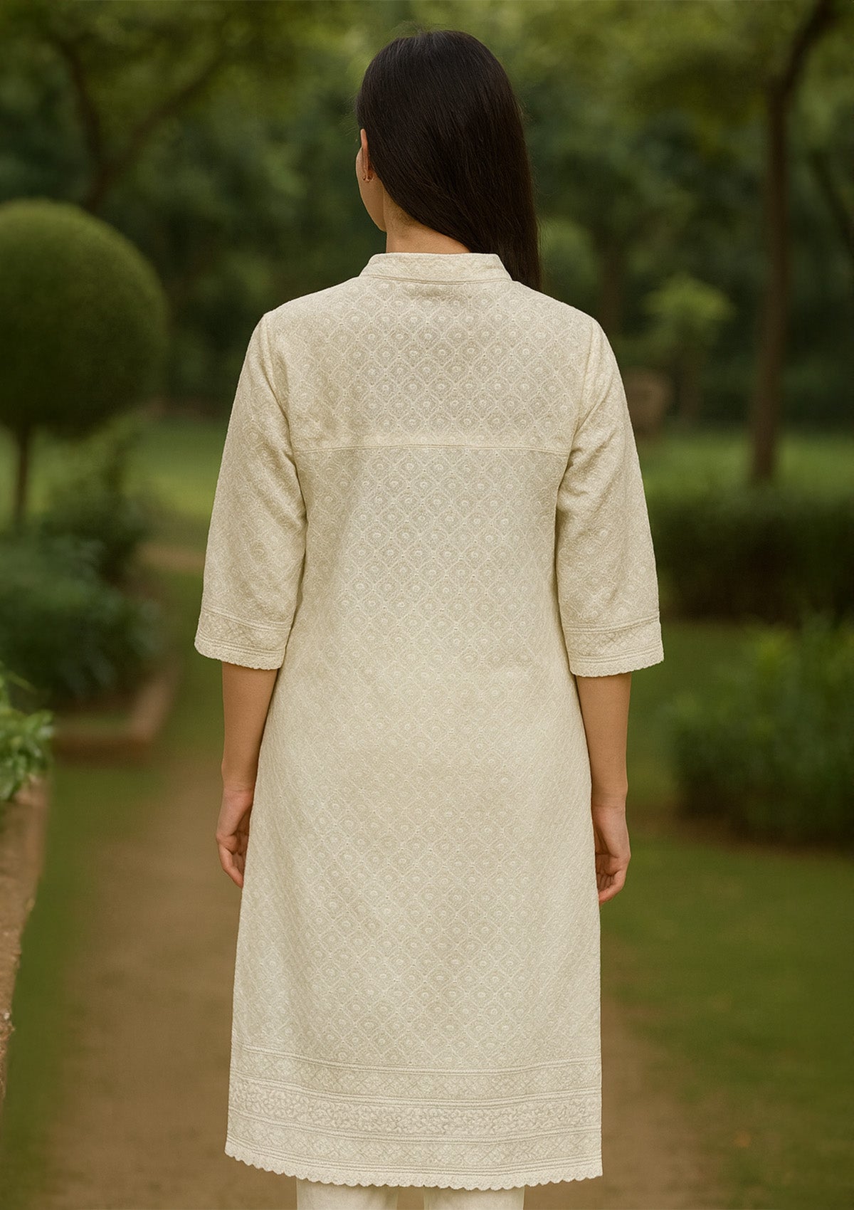 Chikankari Solid Women’s Long Kurta – Off-White