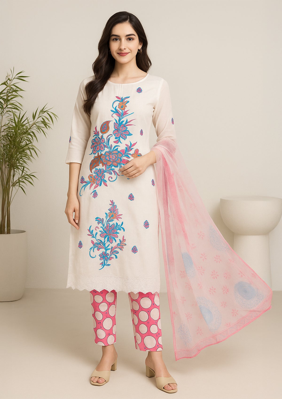 White & Pink Cotton Unstitched Suit Set with Abstract Multicolor Print