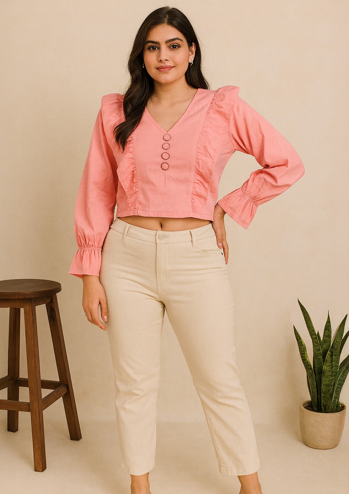 Women’s Peach Pink Ruffle Balloon Sleeve Short Top – V Neck