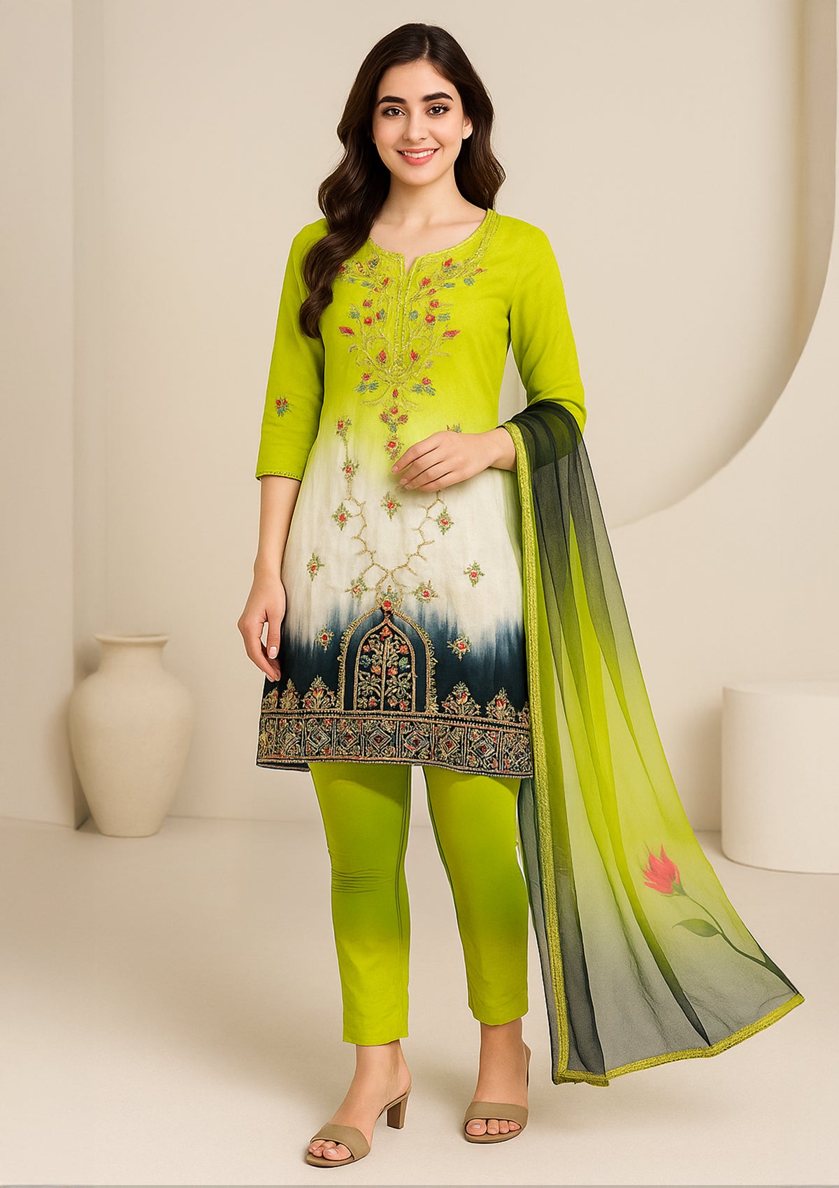 Lime Green & Black Embroidered Unstitched Suit with Multicolor Threadwork