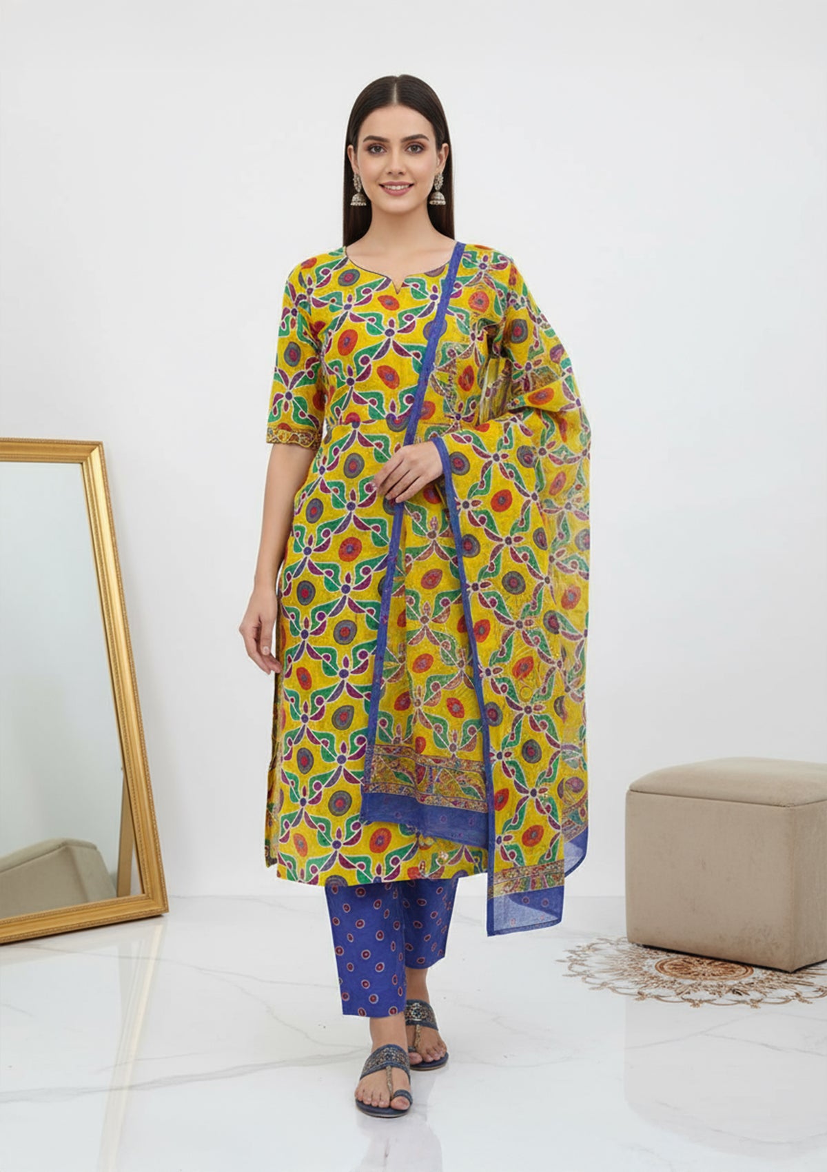 Yellow Multicolor Printed Cotton Unstitched Suit Set with Blue Polka Pant