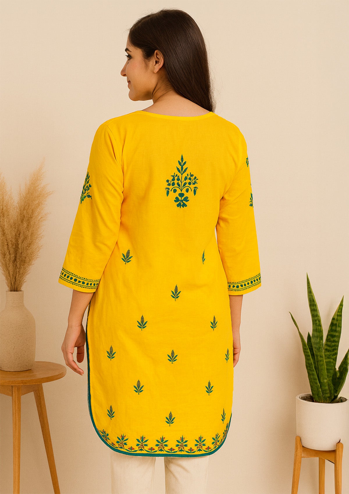 Bright Yellow Cotton Embroidered Short Kurta – Floral Motifs