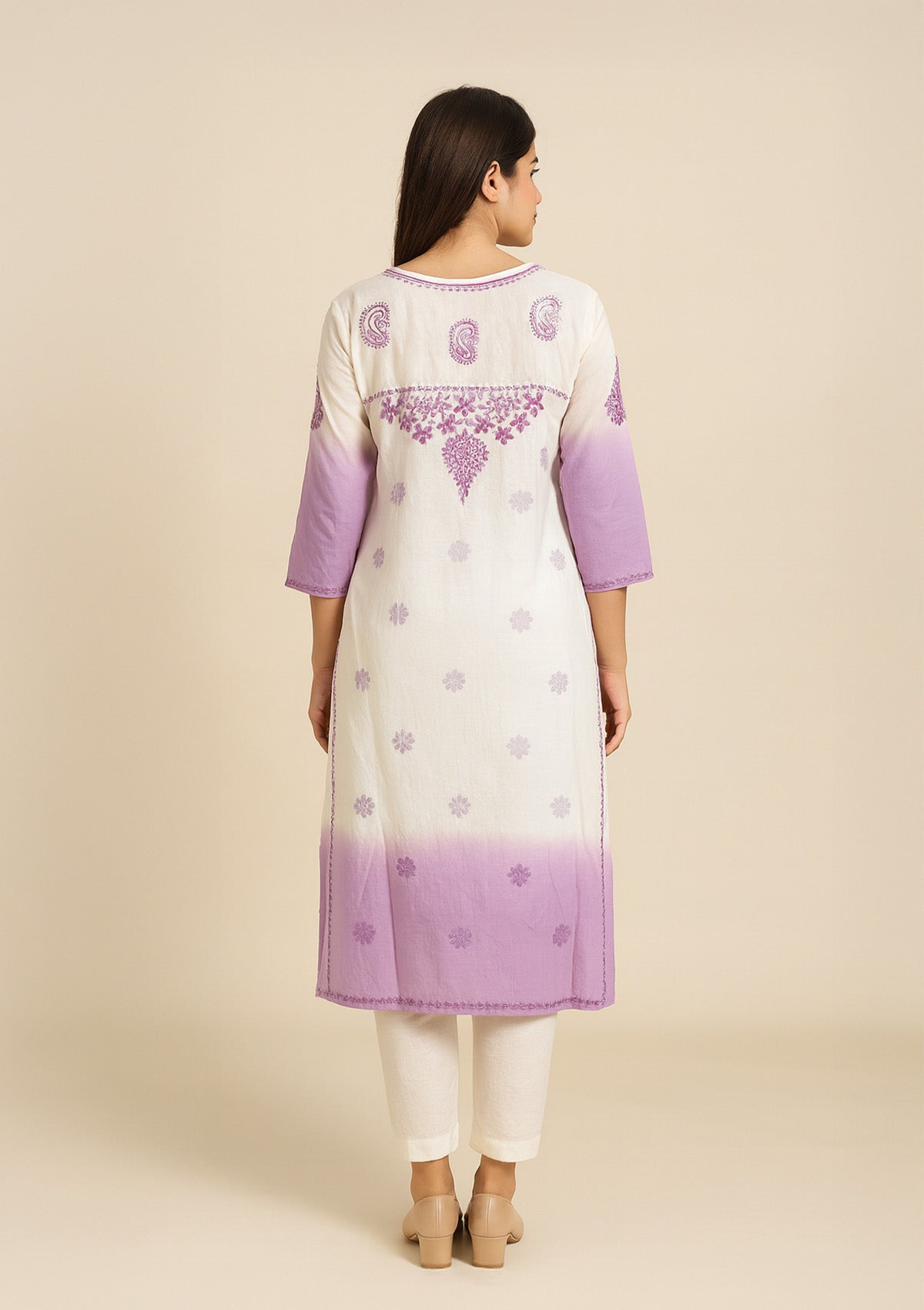 Chikankari Embroidered Women’s Kurti – Lavender & White (Cotton)