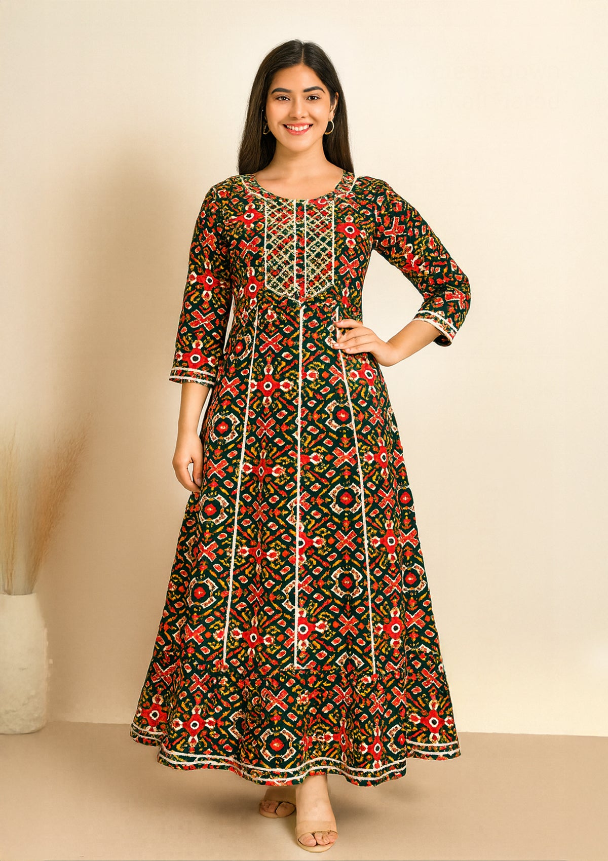 Multicolor Gujrati Printed One Piece Cotton Gown – Mirror Work Style