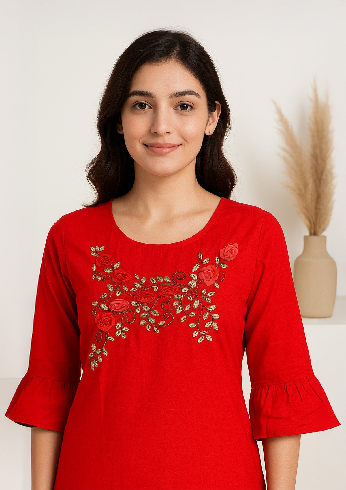 Red Kurti with 3D Floral Applique Embroidery - Golden Leaf Beadwork