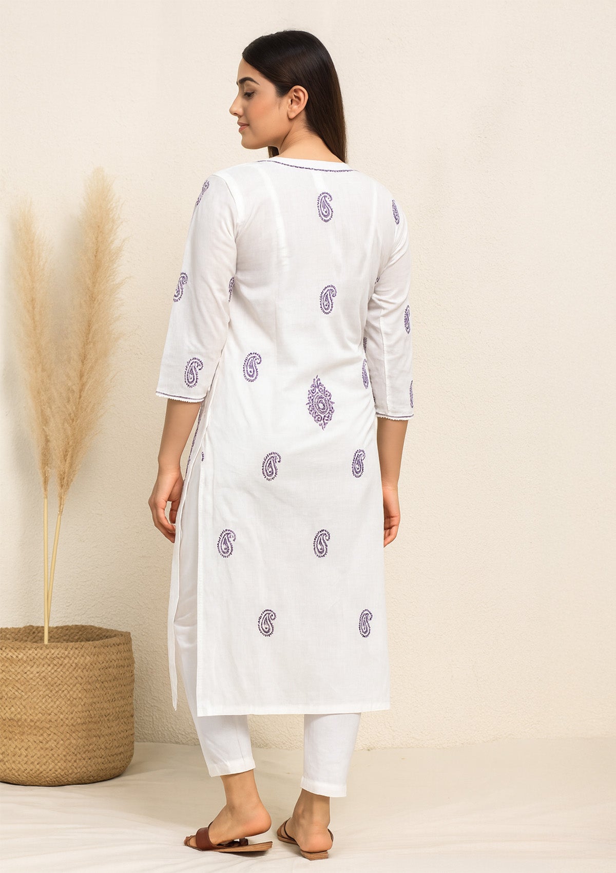 ClothingSutra Elegant White Cotton Kurti with Purple Embroidery