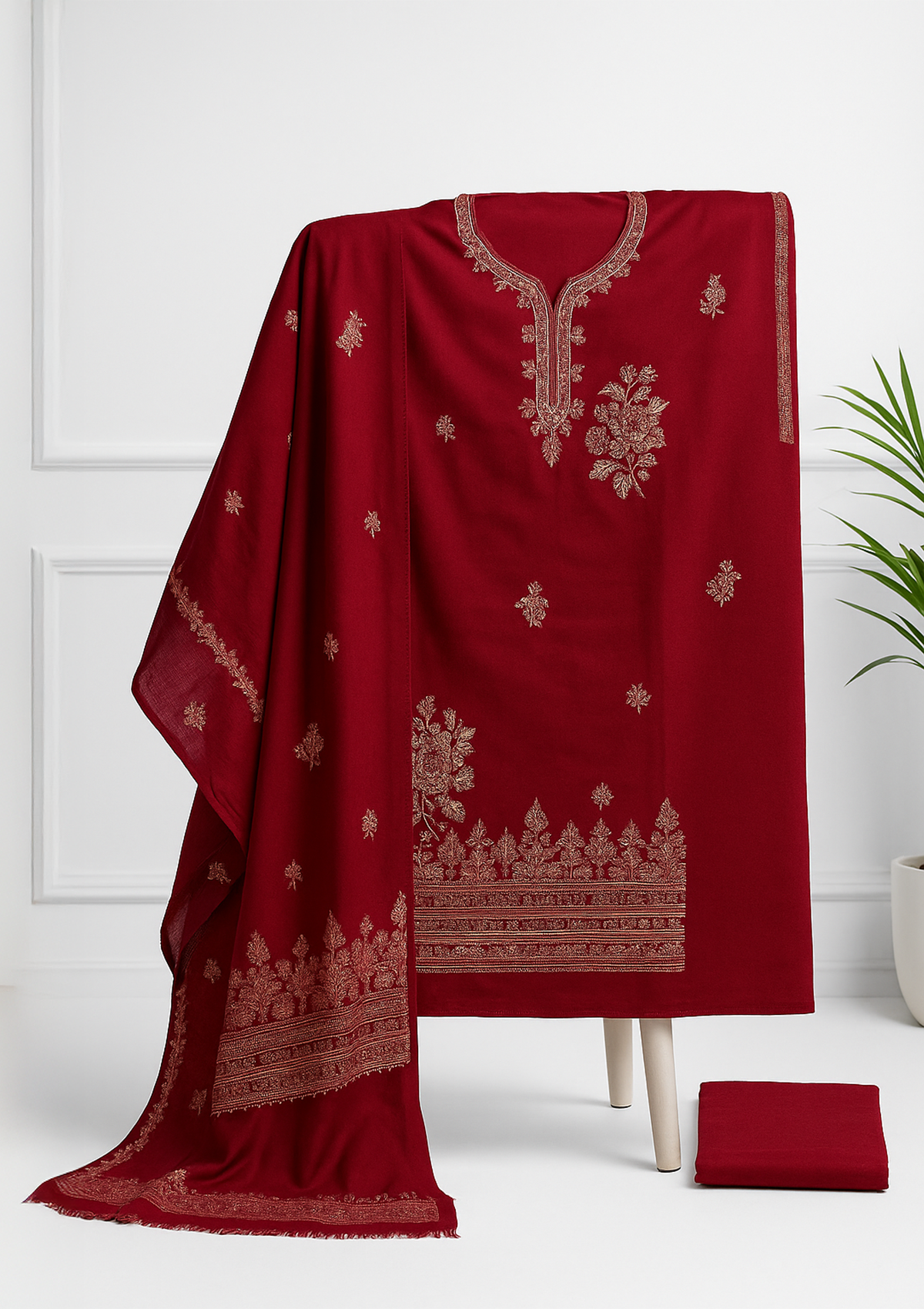 Unstitched Winter Suit Set with Stole – Maroon Embroidered Suit