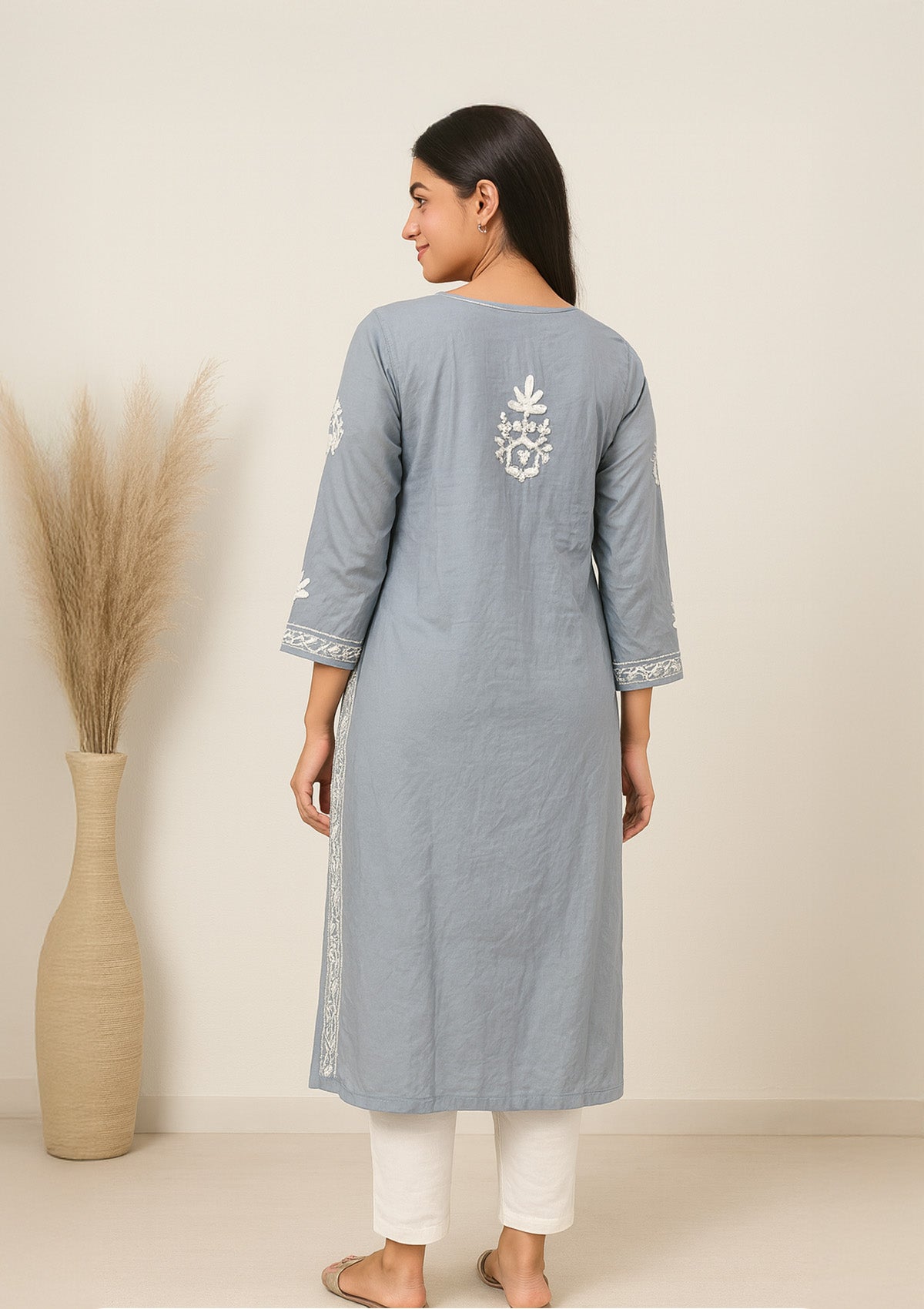 Chikankari Embroidered Women’s Kurta – Grey (Modal)