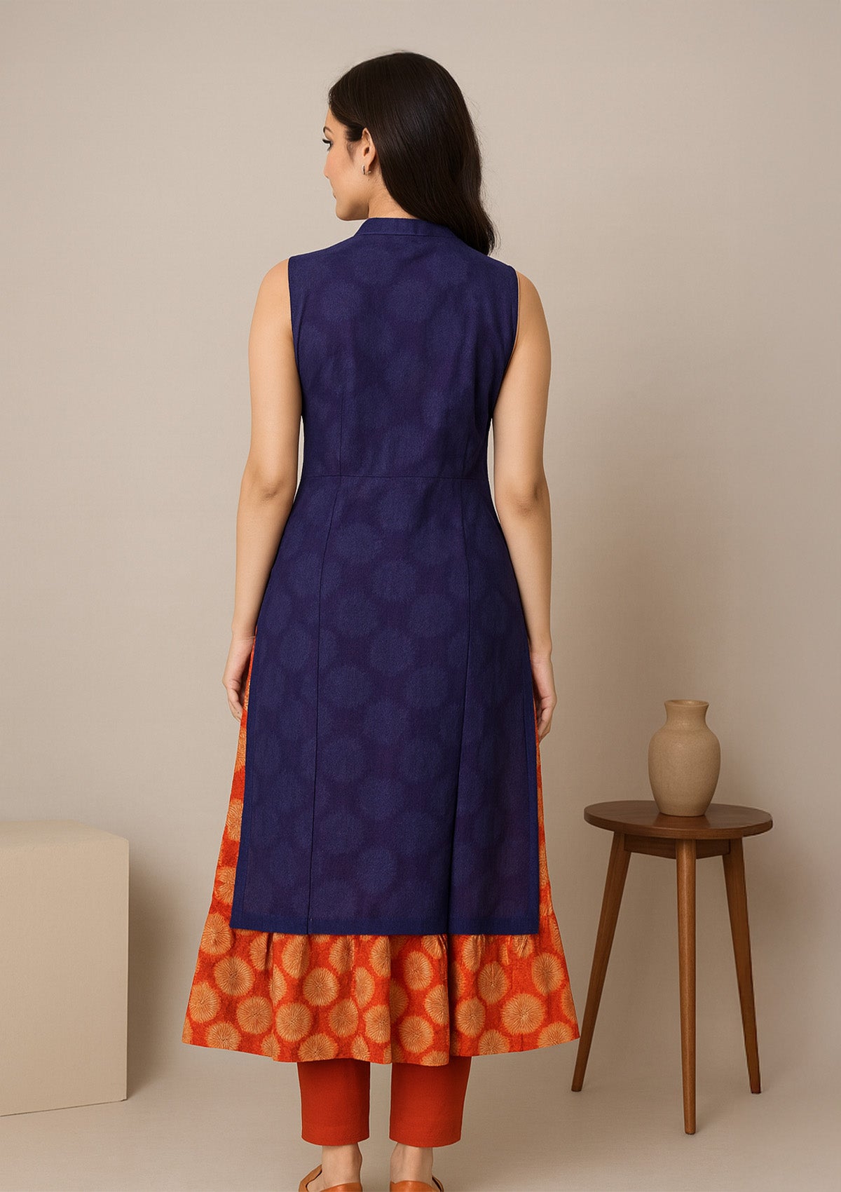 Elegant Silk Layered Kurti with Intricate Golden Embroidery & Net Overlay Design