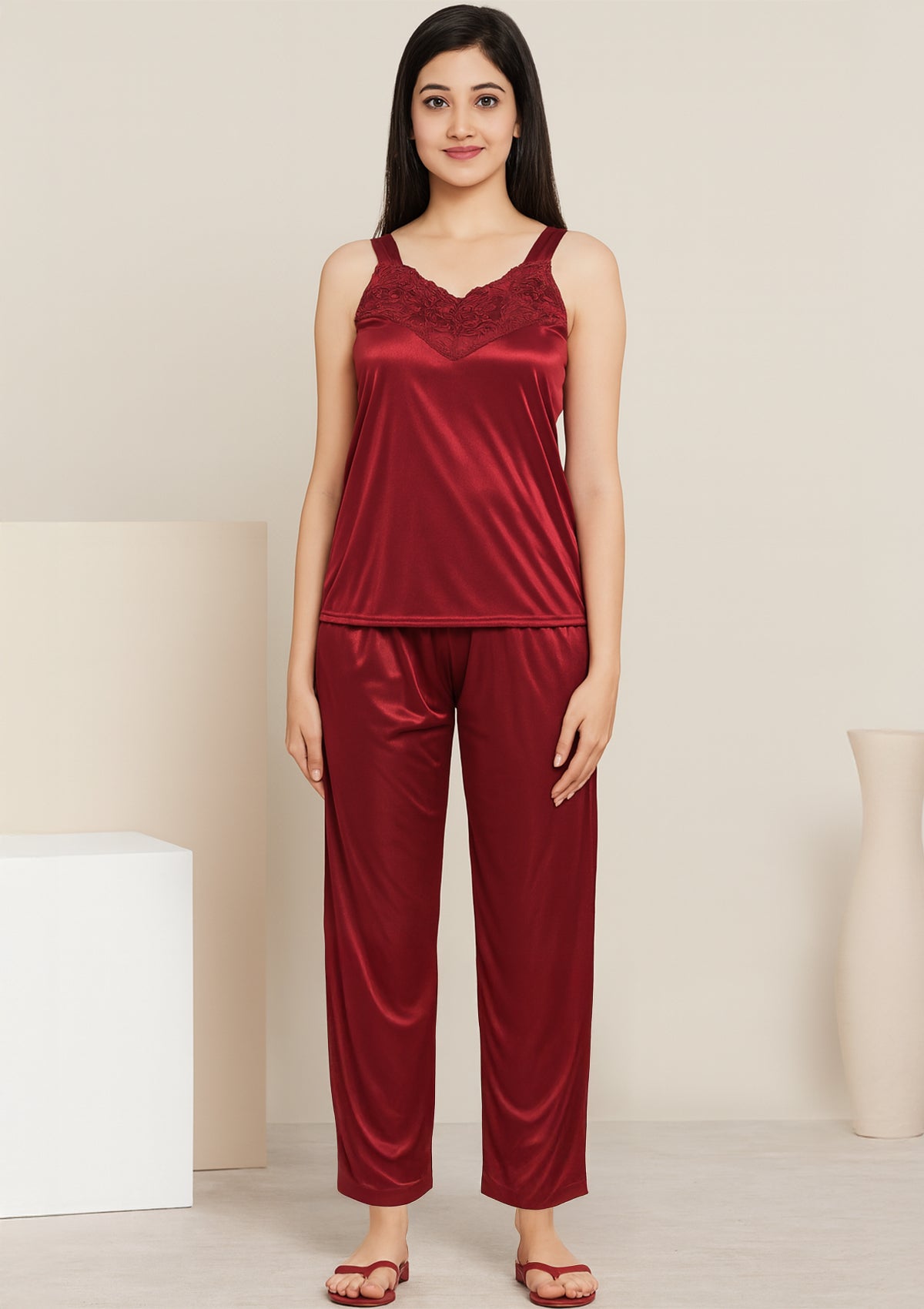 Red Satin 3-Piece Fancy Night Suit Set with Robe, Camisole & Pyjama