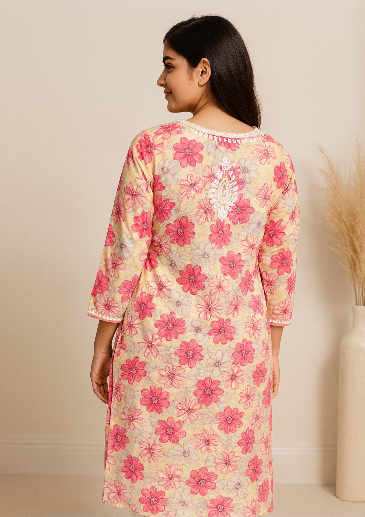 Chikankari Floral Print Women’s Long Kurta – Beige with Pink Flowers