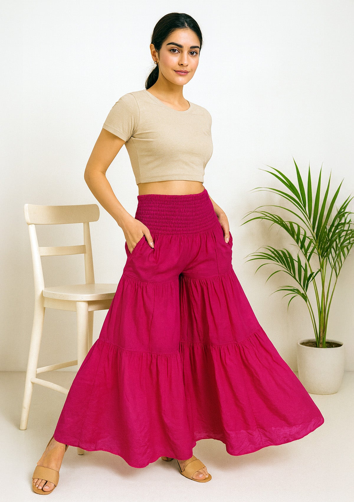 Women’s High Waist Flared Palazzo – Pink Rayon Flare Pants