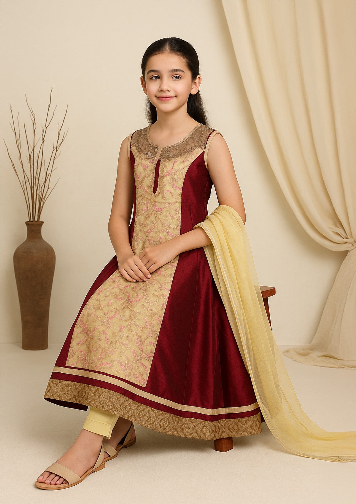 Girls Maroon & Gold Embroidered Suit with Pant & Dupatta