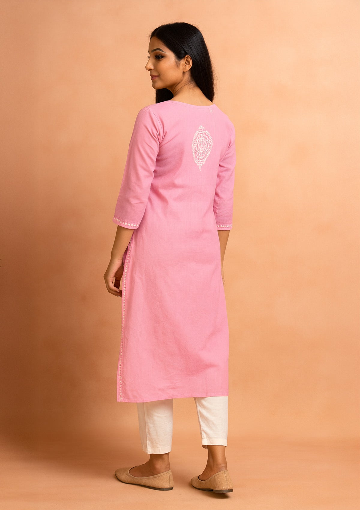 Chikankari Solid Women’s Long Kurta – Pink with White Embroidery