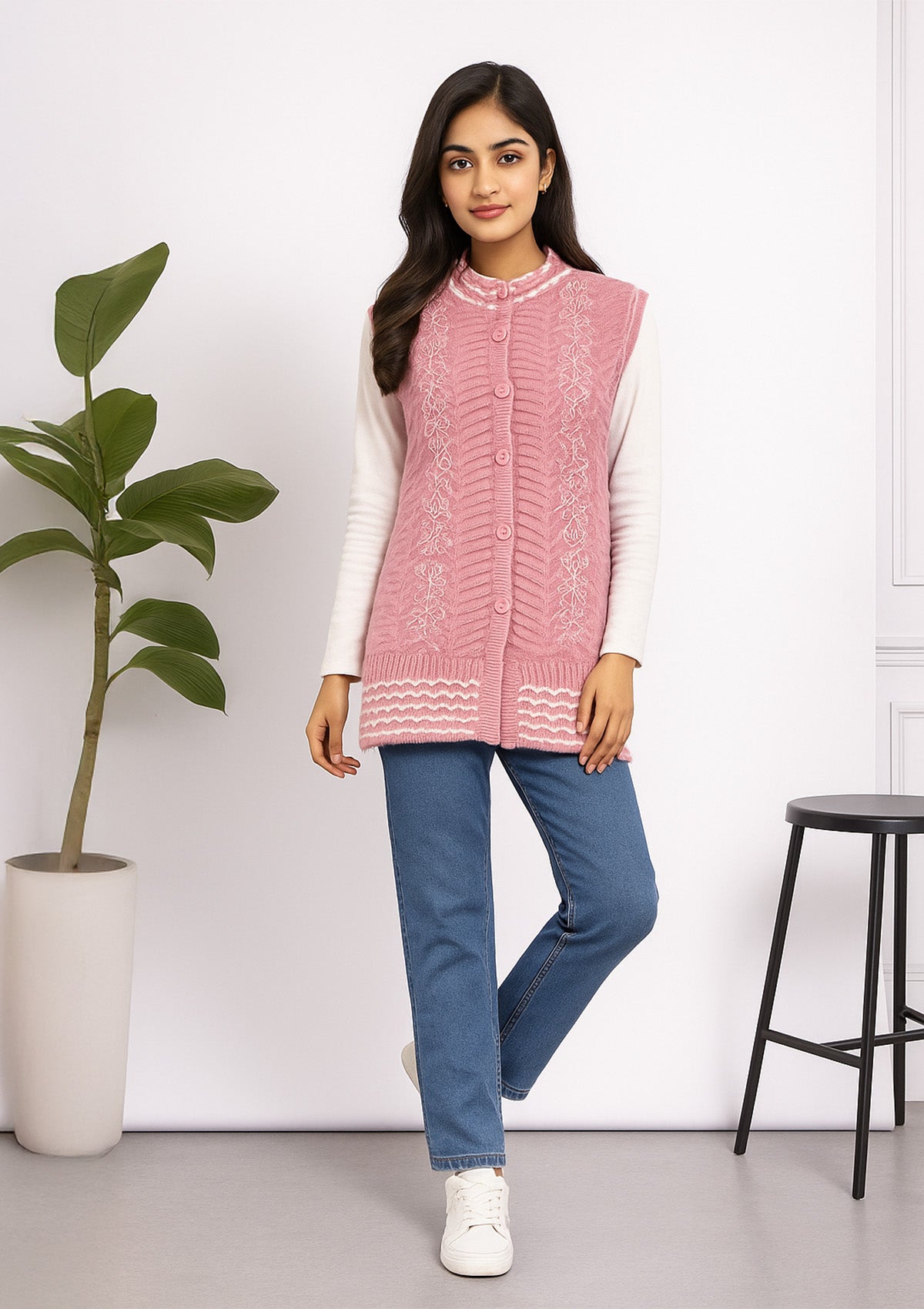Pink Sleeveless Knit Cardigan – Mock Neck & Embroidered Panels