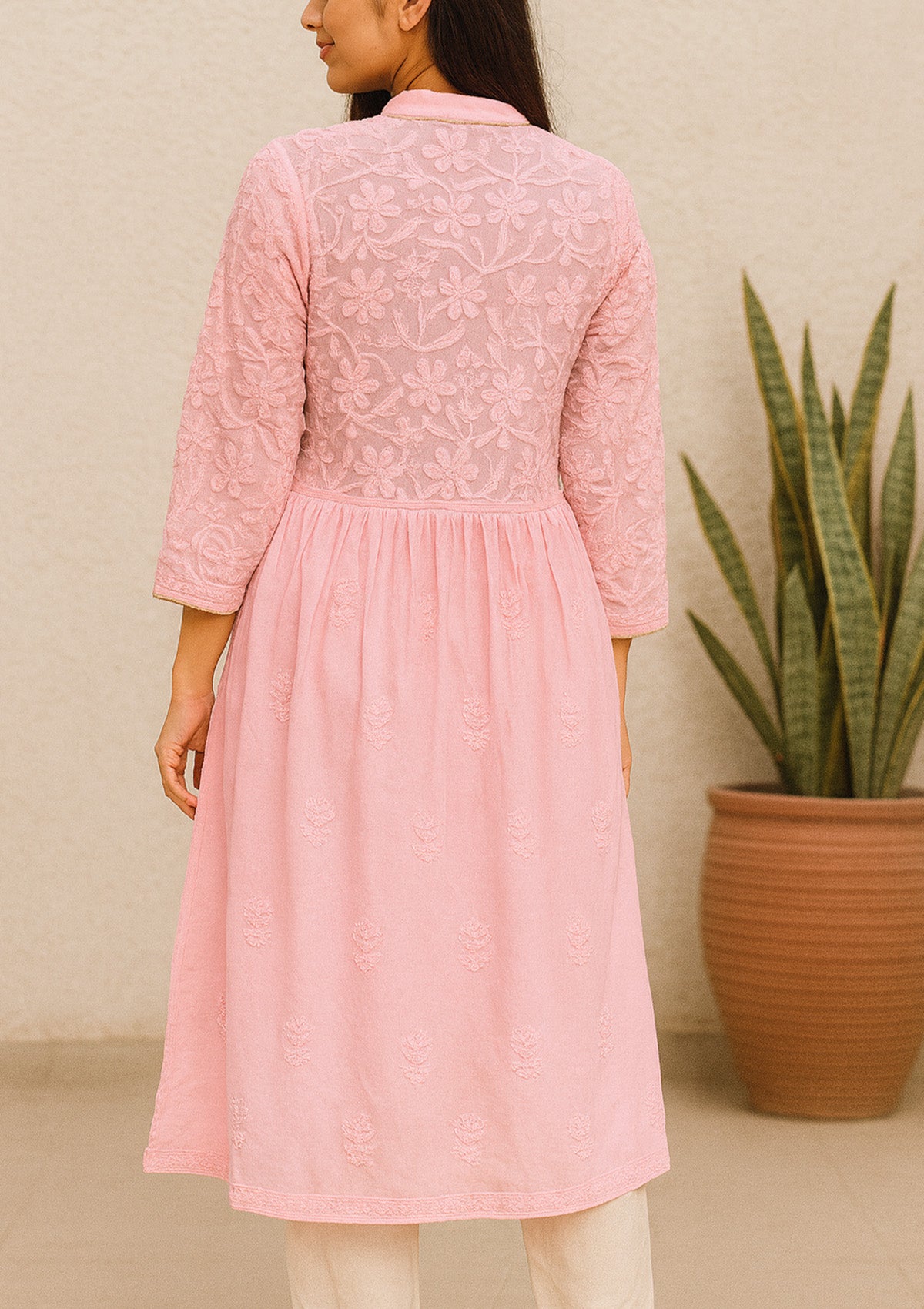 Chikankari Georgette Women’s Kurti – Baby Pink Elegance