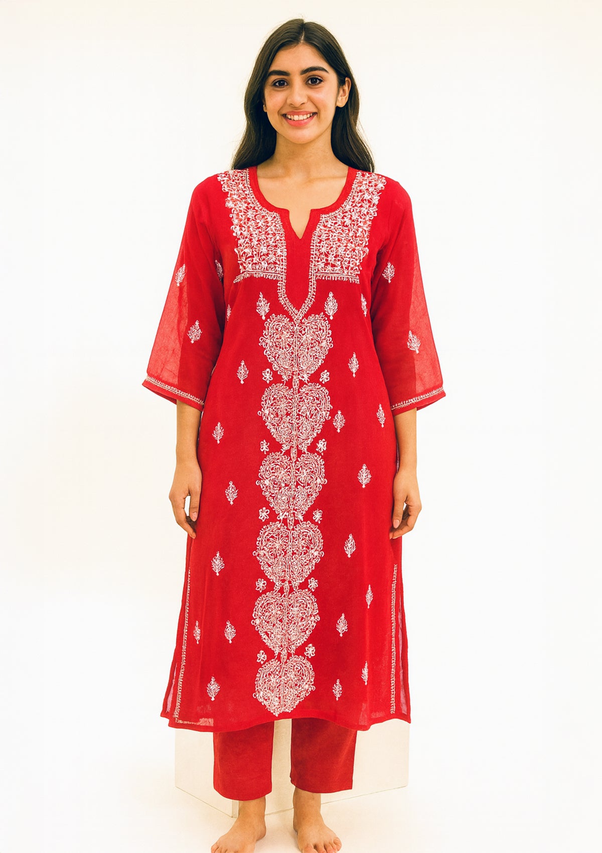 ClothingSutra Red Georgette Kurti with Chikankari Embroidery & Mirror Work