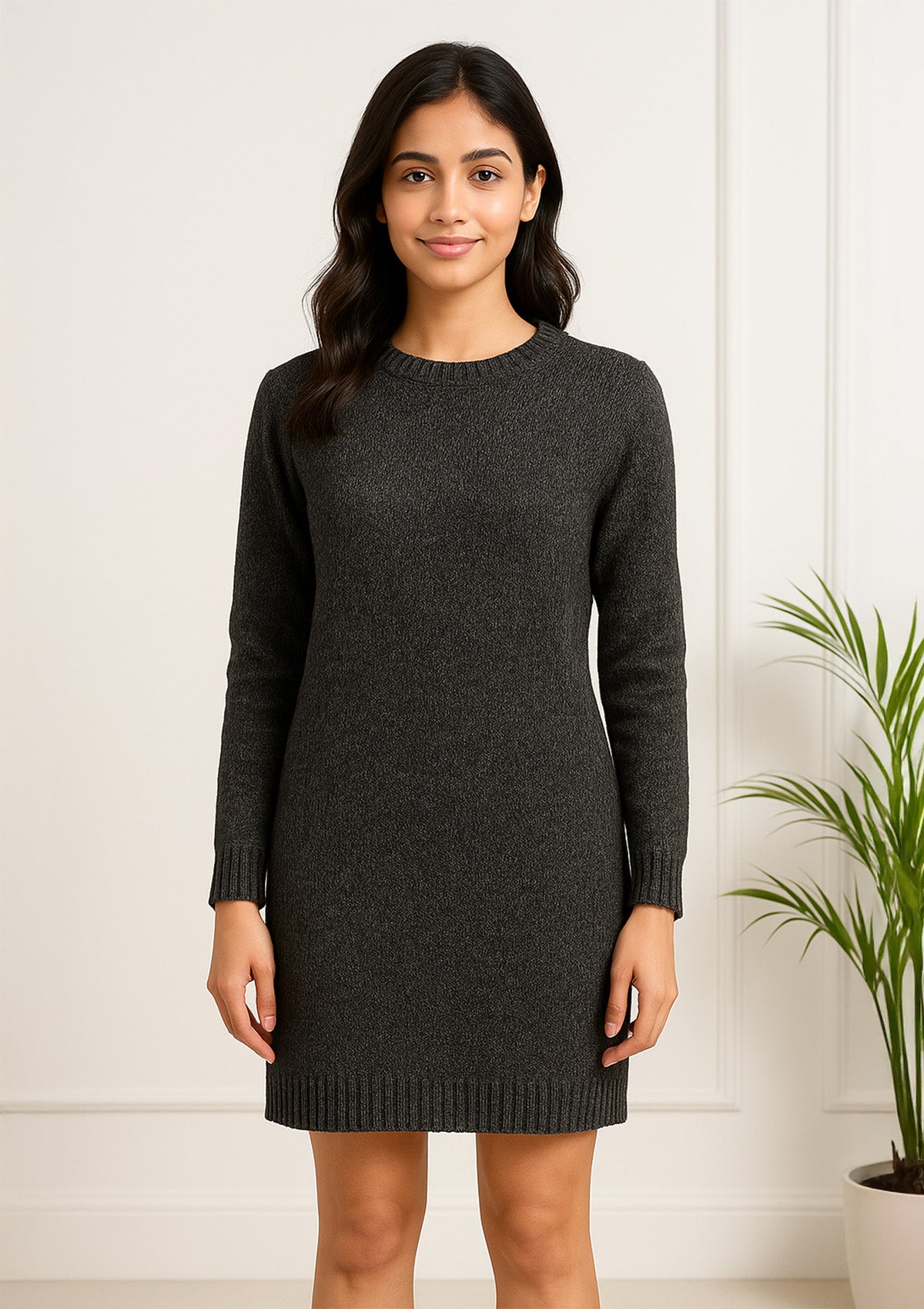One Piece Woolen Midi Dress – Charcoal Melange Cozy Winter Knit