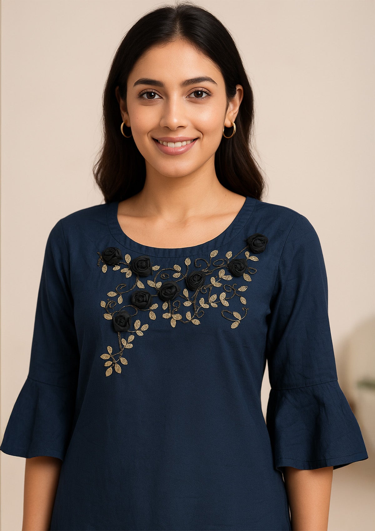 Dark Grey Kurti with Black 3D Floral Applique and Golden Leaf