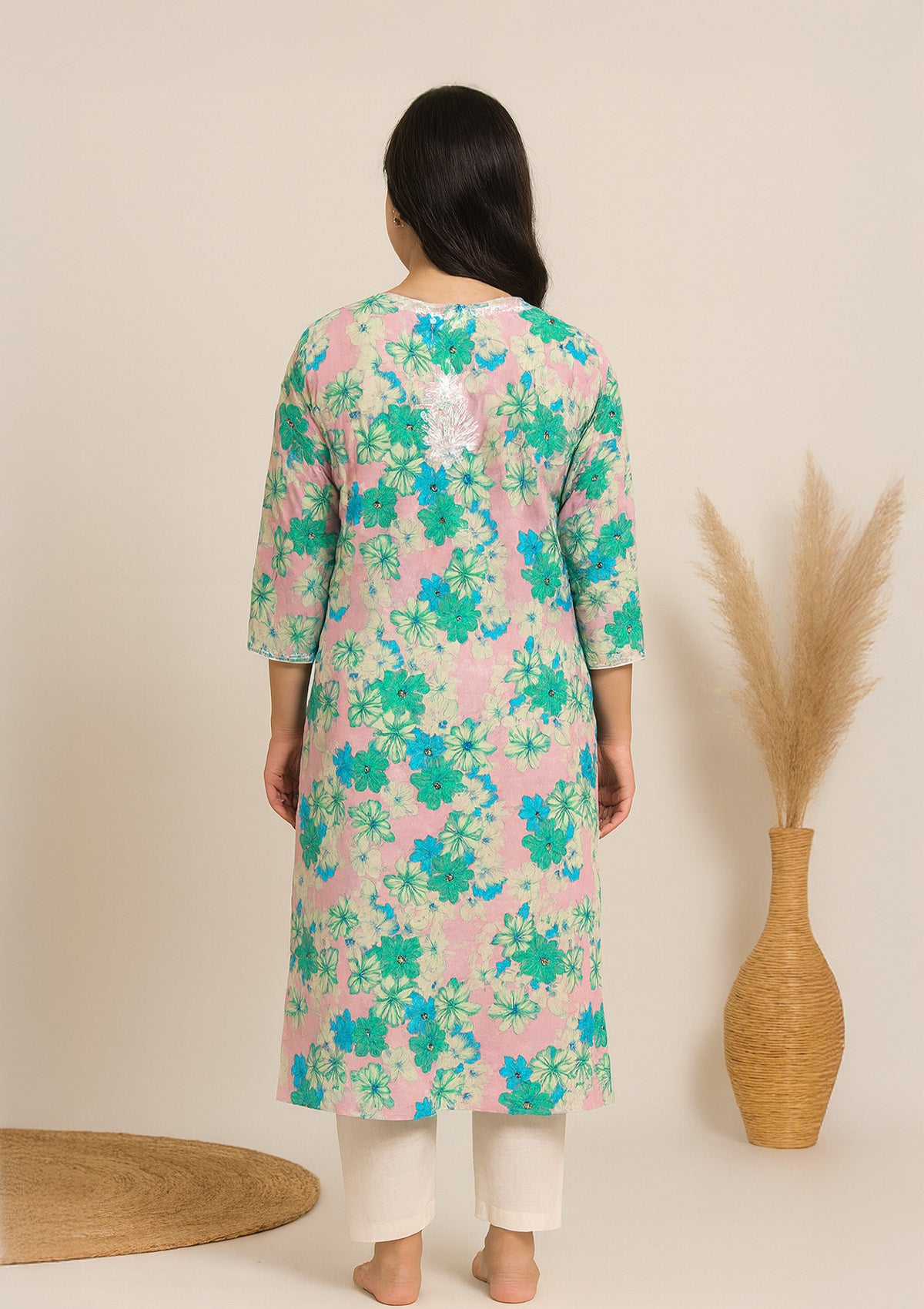 Floral Printed Women’s Long Kurta with Embroidery – Blue-Green on Pink