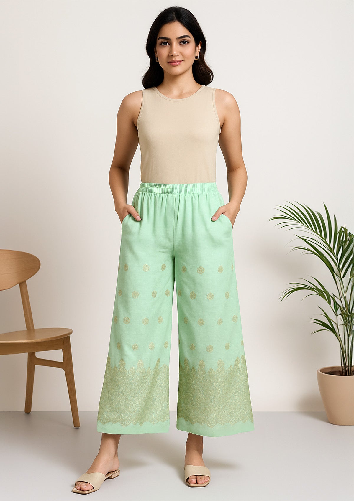 Women’s Mint Green Cotton Palazzo Pants – Foil Print Floral Border