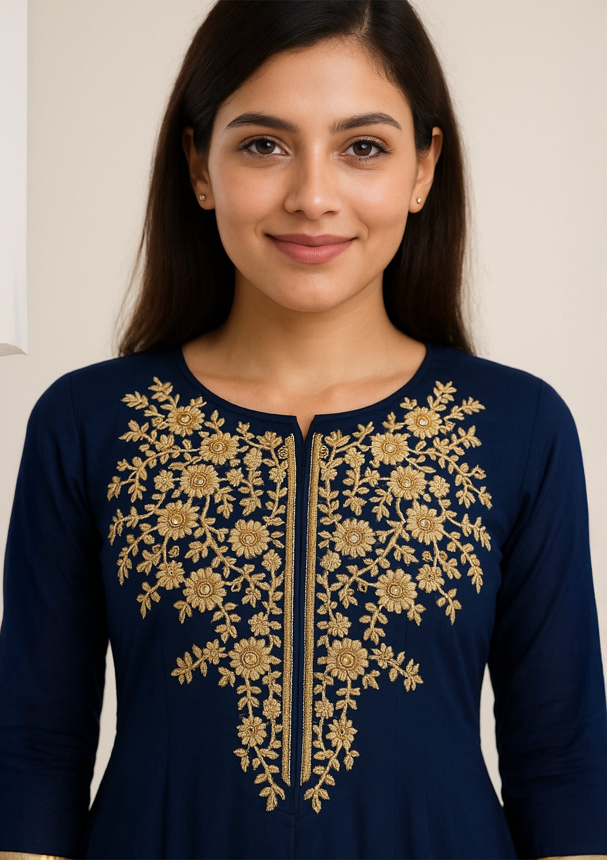Royal Blue Georgette Anarkali Flared Kurti with Golden Floral Embroidery