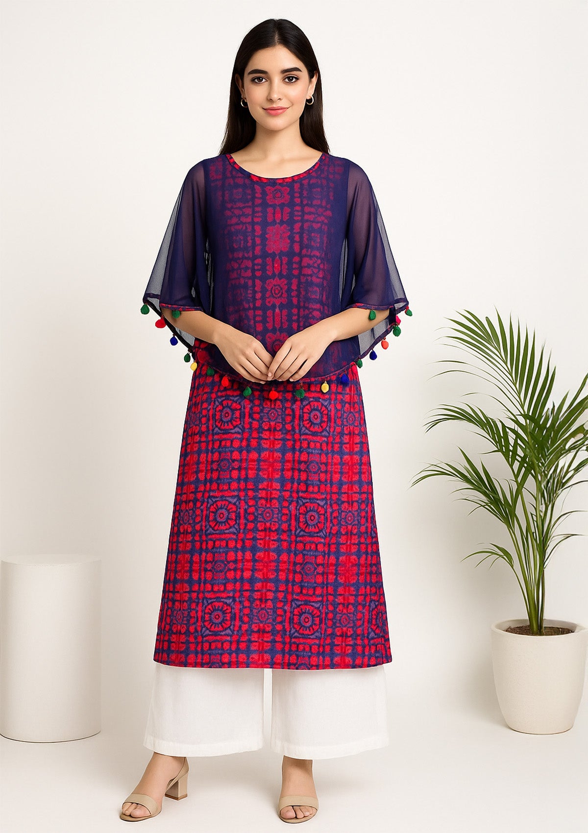 Women A-Line Kurti with Attached Net Poncho – Multicolor Mirror Dye