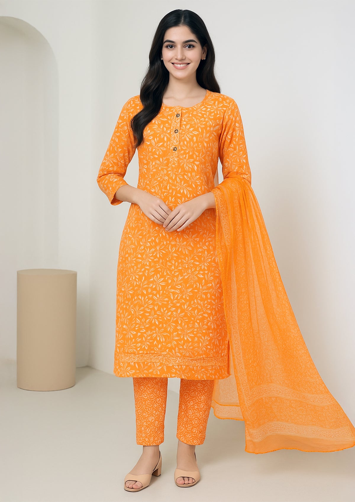 Peach Orange Lizzy Bizzy Unstitched Suit Set with Allover Print