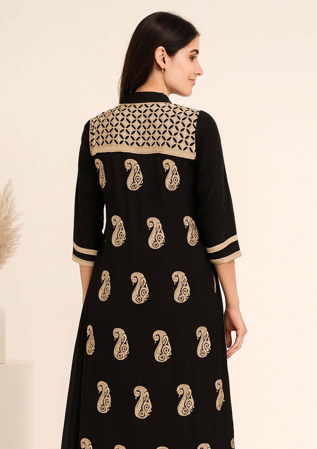 Elegant Black Silk Embroidered Kurta with Golden Work & Plaazo