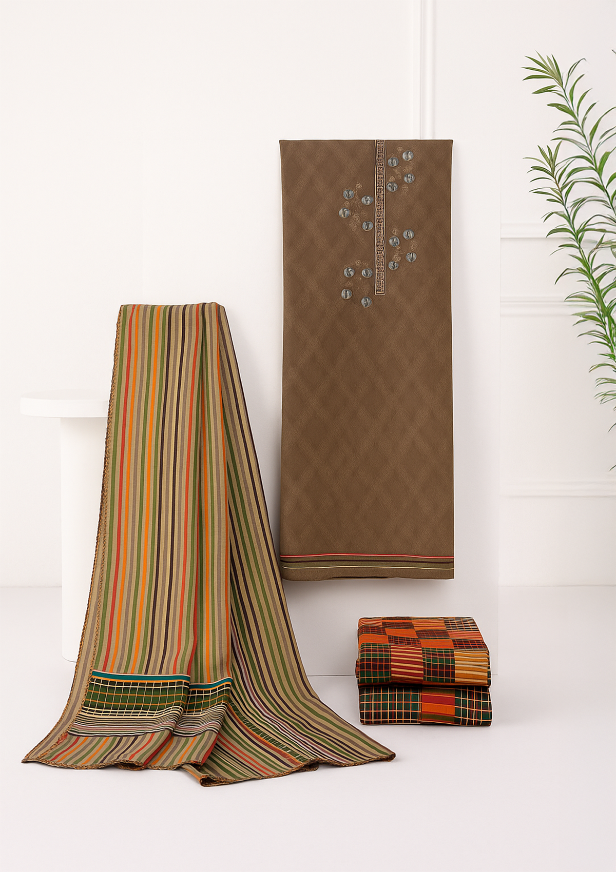 Unstitched Winter Suit Set with Stole – Coffee Brown Embroidered Kurti