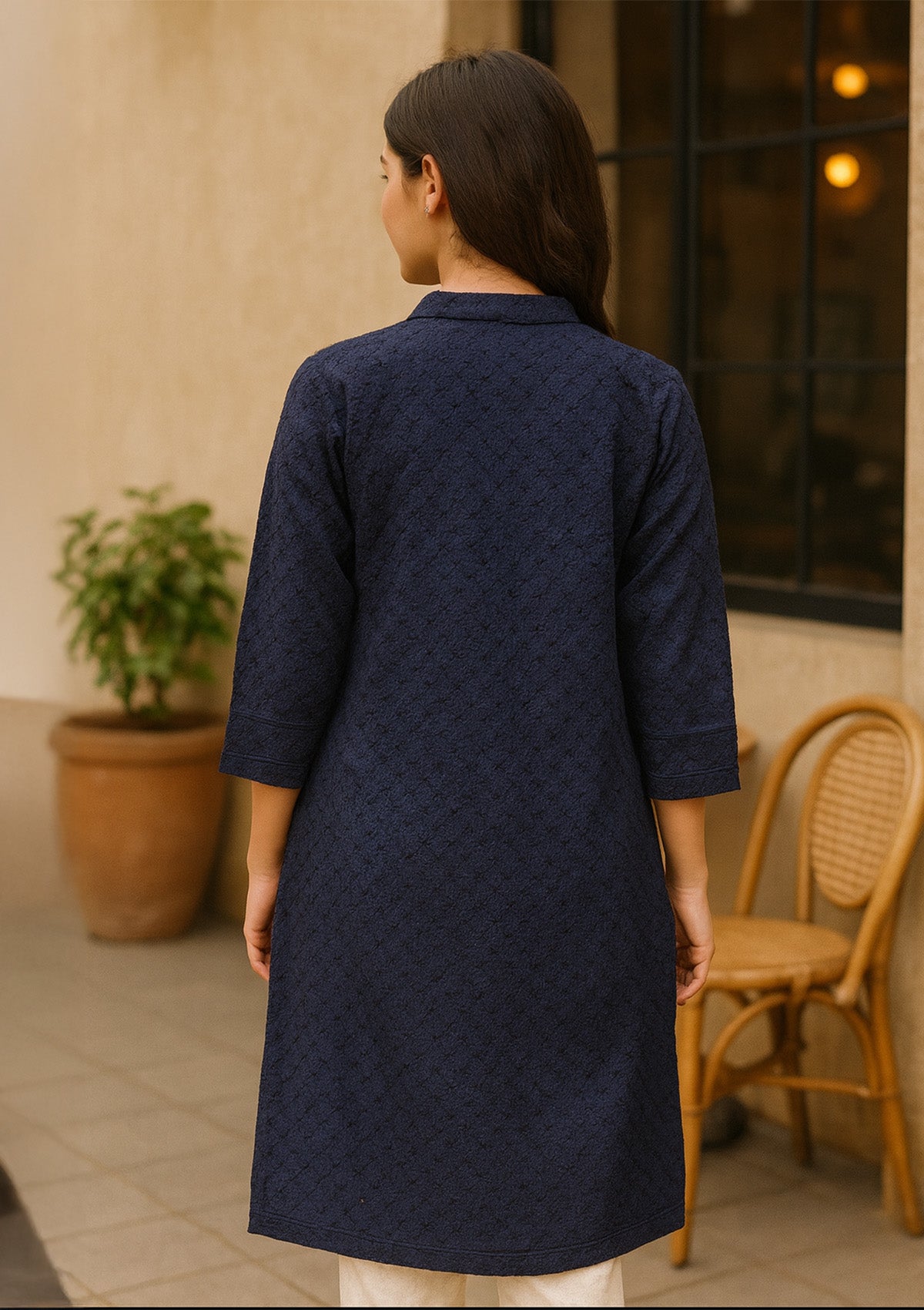 Chikankari Solid Women’s Kurta Set – Dark Navy Blue (Rayon)