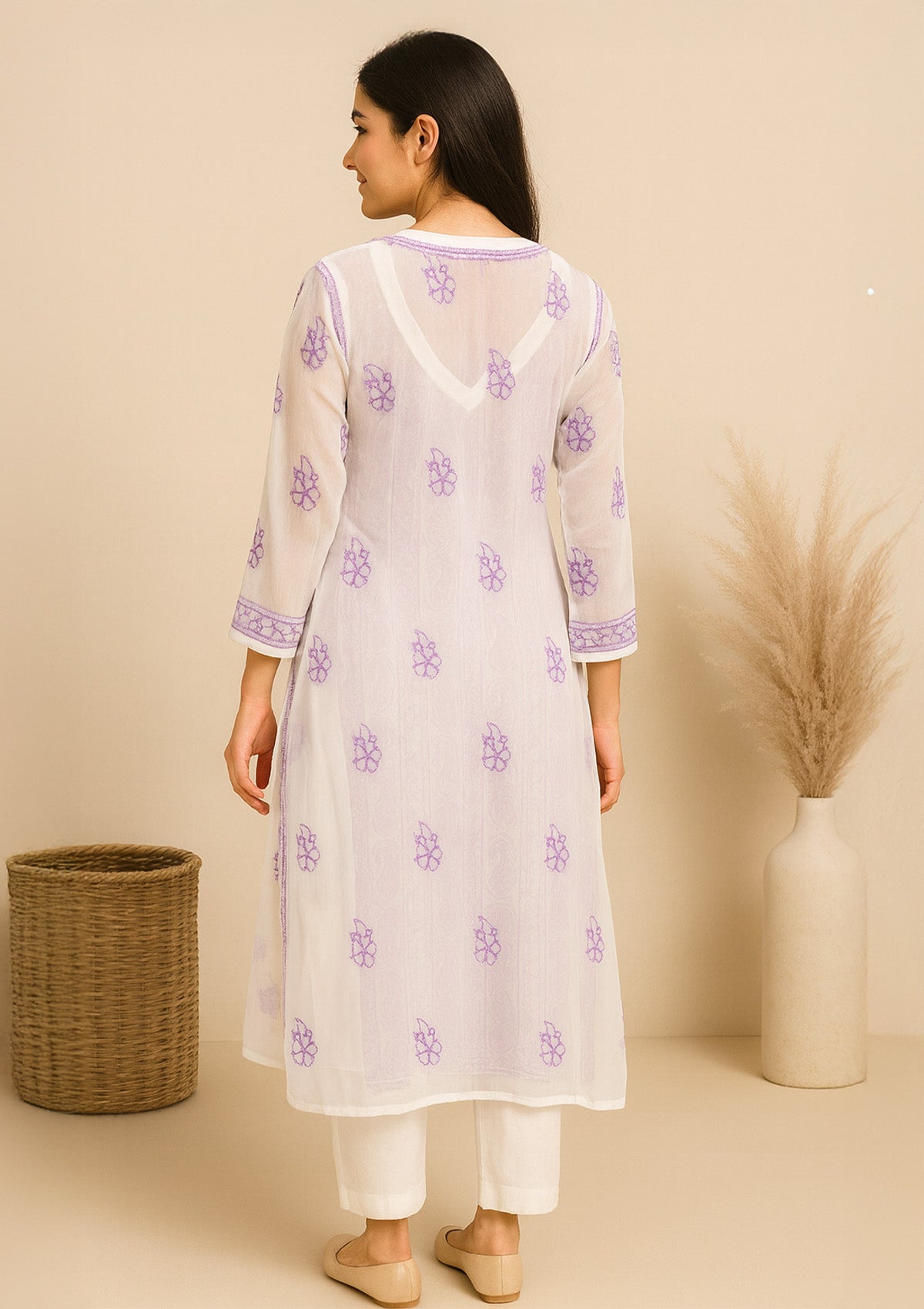 ClothingSutra Lavender White Georgette Kurti with Delicate Thread Embroidery