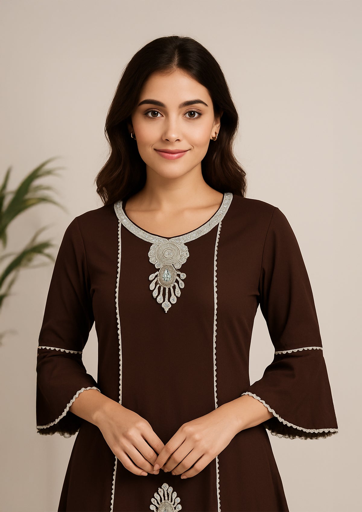 Chocolate Brown Georgette One Piece Gown – Pearl Embellished