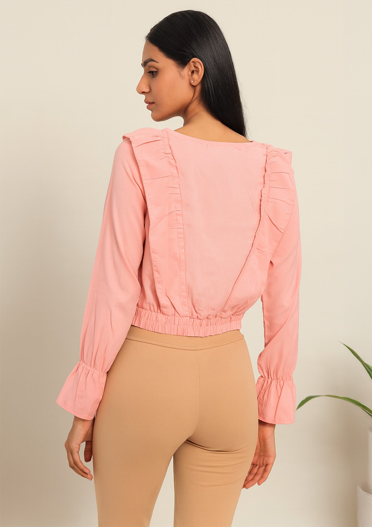 Women’s Peach Pink Ruffle Balloon Sleeve Short Top – V Neck