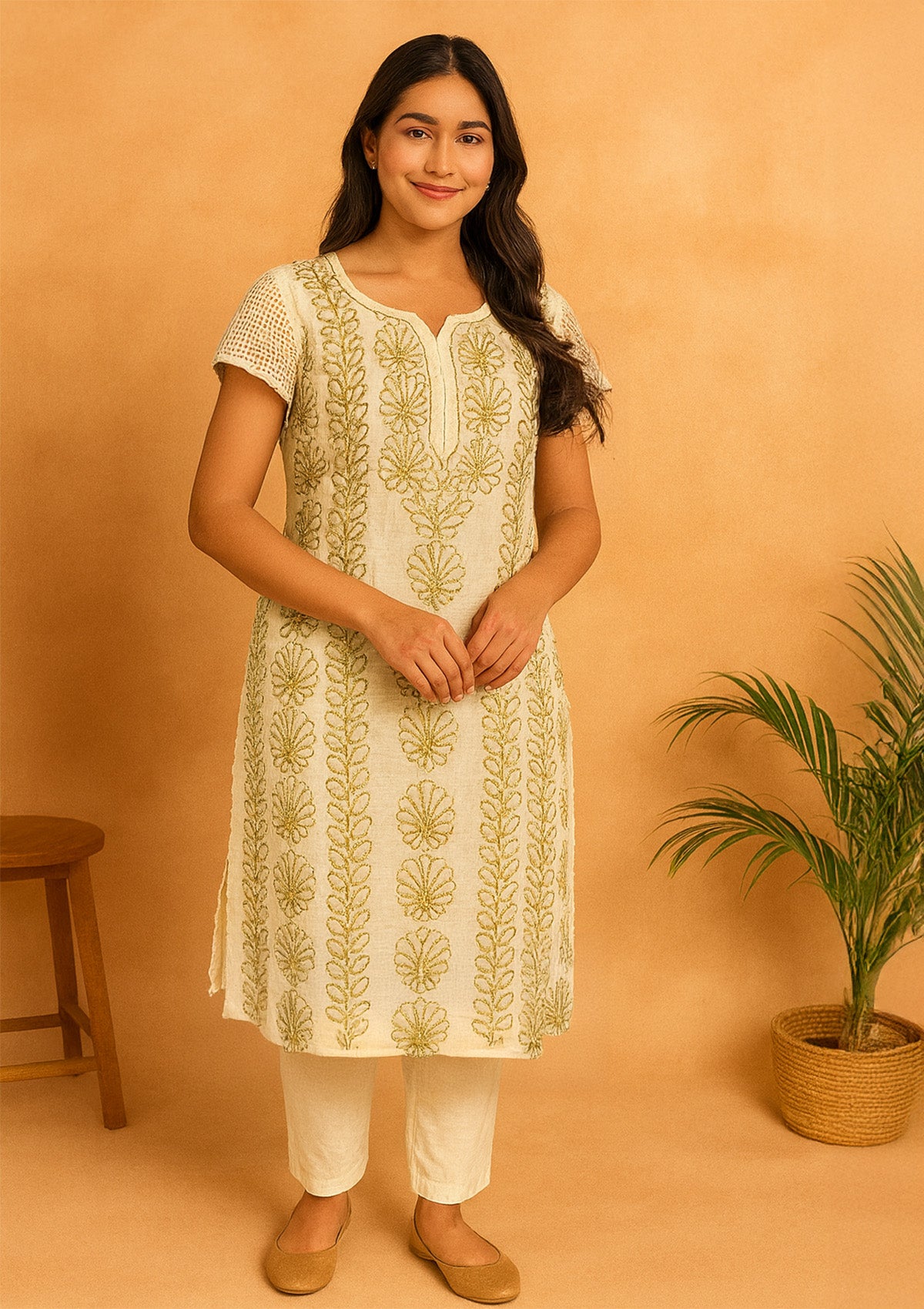 Elegant Short Cream Cotton Embroidered Kurti – Half Sleeves