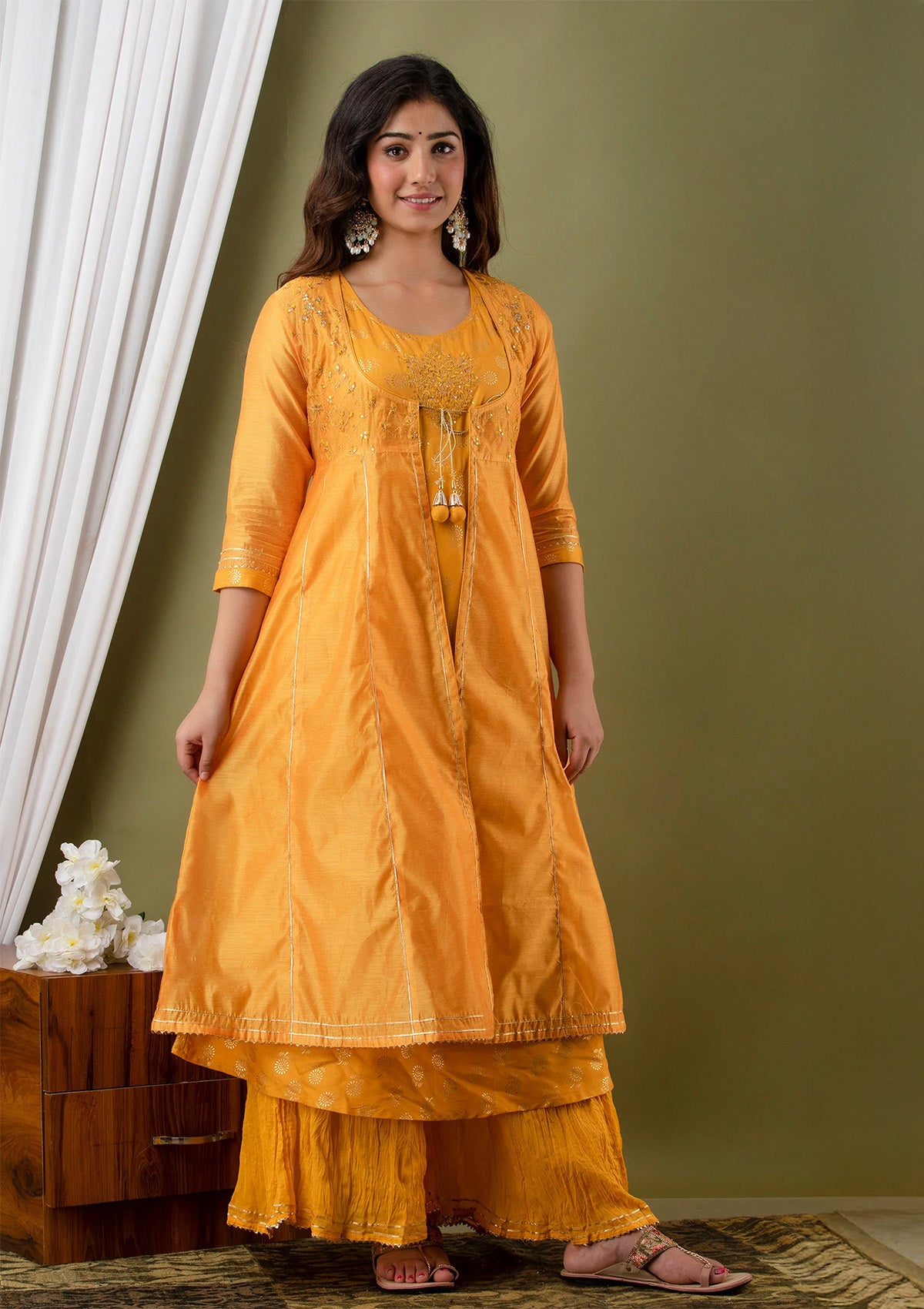 Bright Mustard Yellow Chanderi Silk 3 Piece Suit Set with Embroidered Kurta